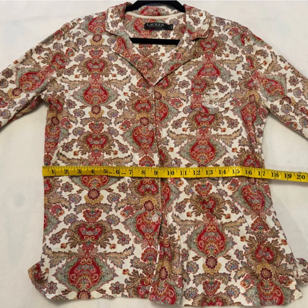 $50 Ralph Lauren Women Ivory Graphic Print‎ Long Paisley-Print Pajama Top Size L